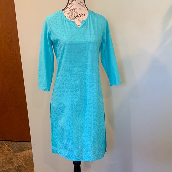 Srishti Aqua Blue Embroidered 100% Cotton Indian Kurta Women’s Small 3/4 Sleeve - Picture 1 of 6
